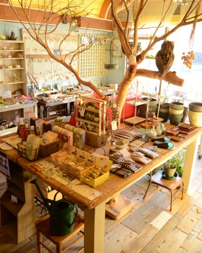 雑貨店の商品ディスプレイ流木家具（テーブル・棚など）